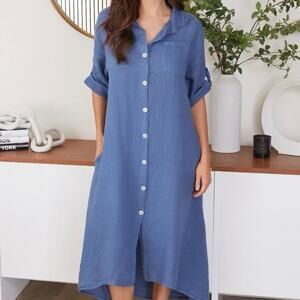 NWT Milio Milano Made in Italy Women's 100% Linen Button Up Midi Dress XS Blue